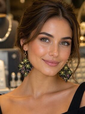 Floral Black Green Statement Drop Earrings by Chic Style